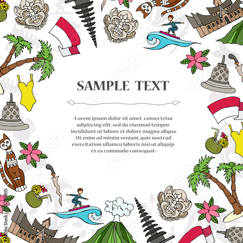 Cute decorative cover with hand drawn colored symbols of Indonesia