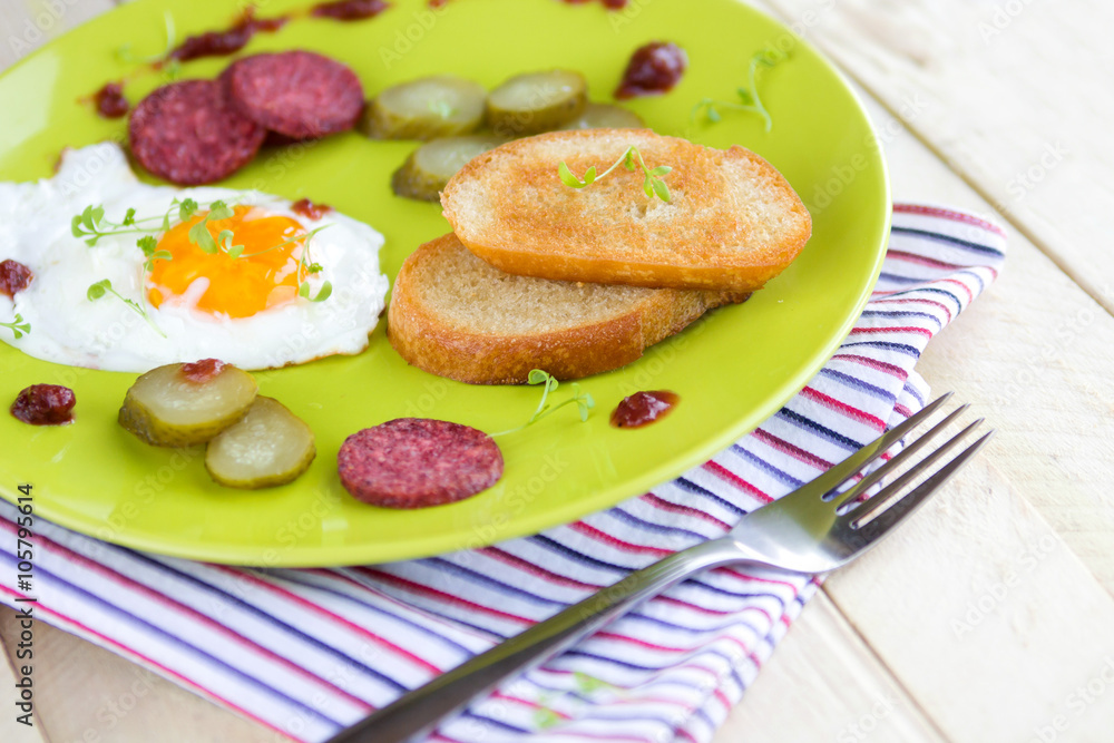 Eggs with sausages and toasts for breakfast Eggs with sausages and toasts for breakfast