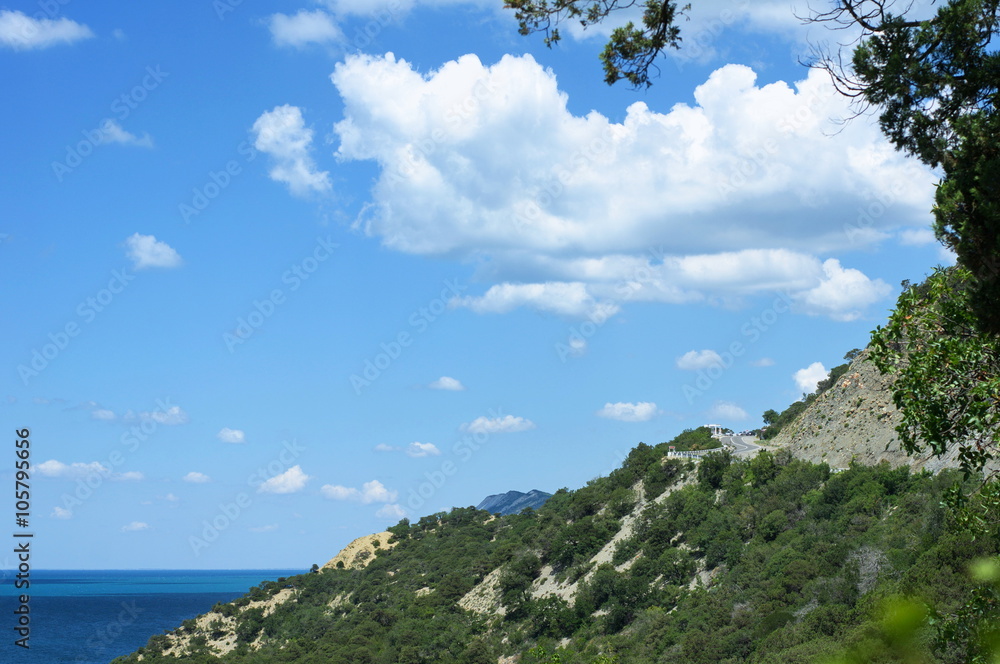 view of the mountains, sea, sky