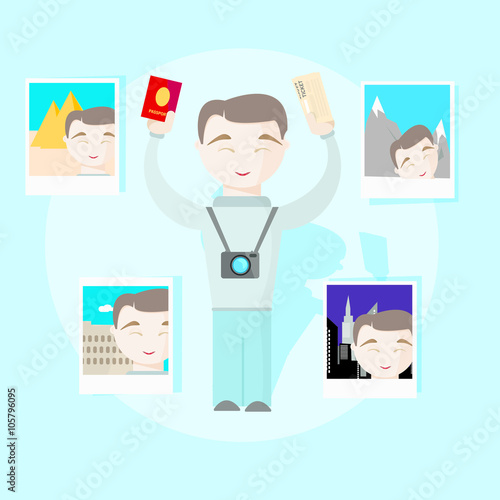 Happy travel man with passport, selfy photo and tickets vector i