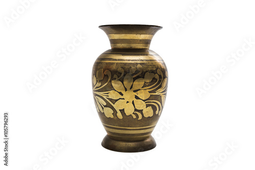Antic gold engraved dyed metal vase in oriental style