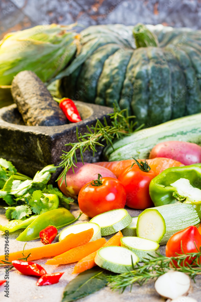 Vegetarian ingredients (vegetables and seasoning) for cooking. Vegetarian o healthy food concept Vegetarian ingredients (vegetables and seasoning) for cooking. Vegetarian o healthy food concept