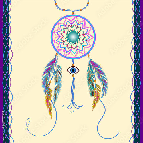 Dreams catcher with decorative feathers. Amulet against the evil eye. Boho style. Indian amulet.