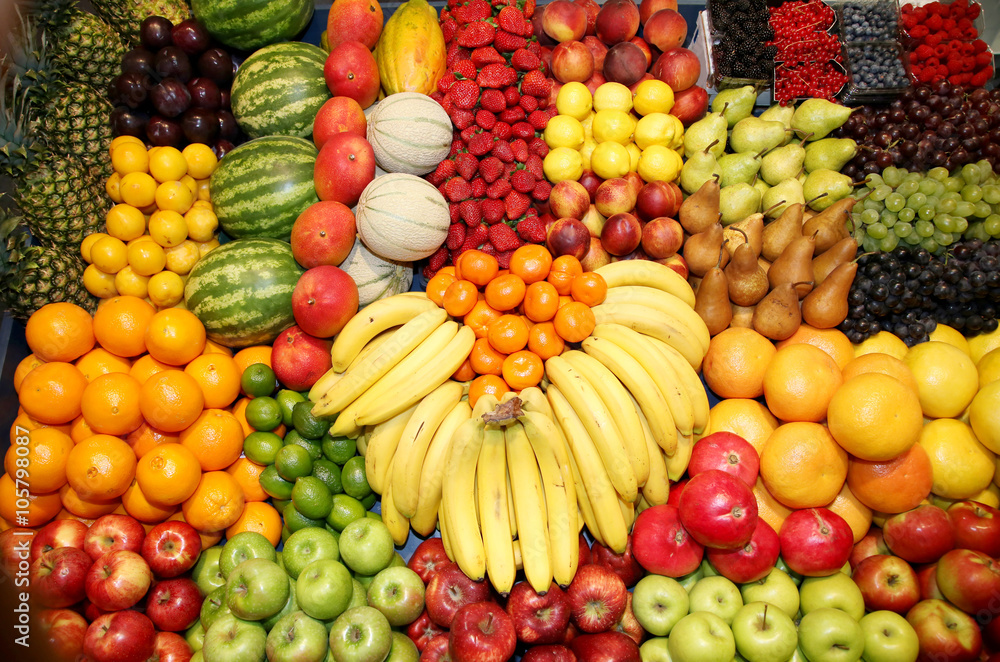 Big assortment of organic fruits on market