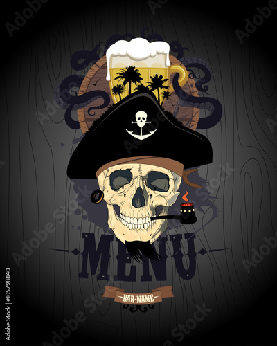 Bar menu design with pirate skull, glass of beer and rum barrel