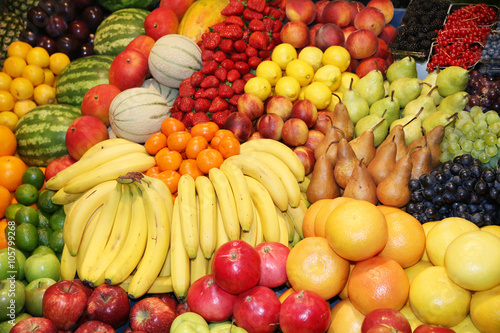  Set of freshly picked organic fruits at market stall