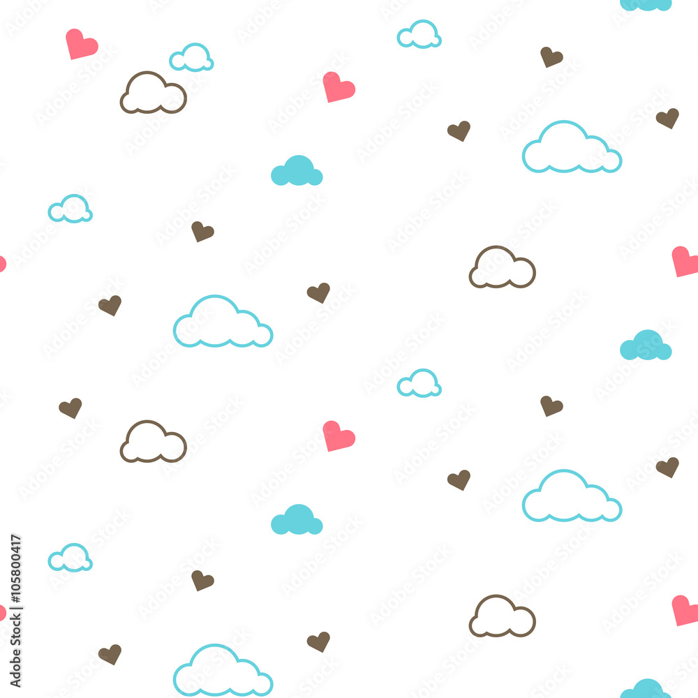 Cute seamless pattern with clouds and hearts. Light design for kids. Vector illustration for nursery and babies. Bed linen and apparel fabric. Cute seamless pattern with clouds and hearts. Light design for kids. Vector illustration for nursery and babies. Bed linen and apparel fabric.