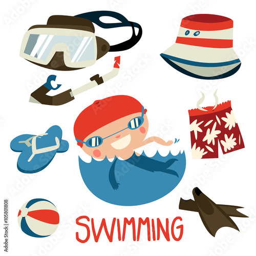 cute swimming boy set. flat asian style charater snd diving equipment