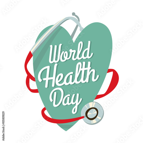 world health day cartoon label. heart and stethoscope 7th april.