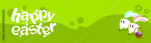 Cartoon Rabbits Couple Happy Easter Holiday Basket Look To Empty Copy Space