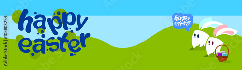 Cartoon Rabbits Couple With Chat Bubble Happy Easter Holiday Basket Look To Empty Copy Space
