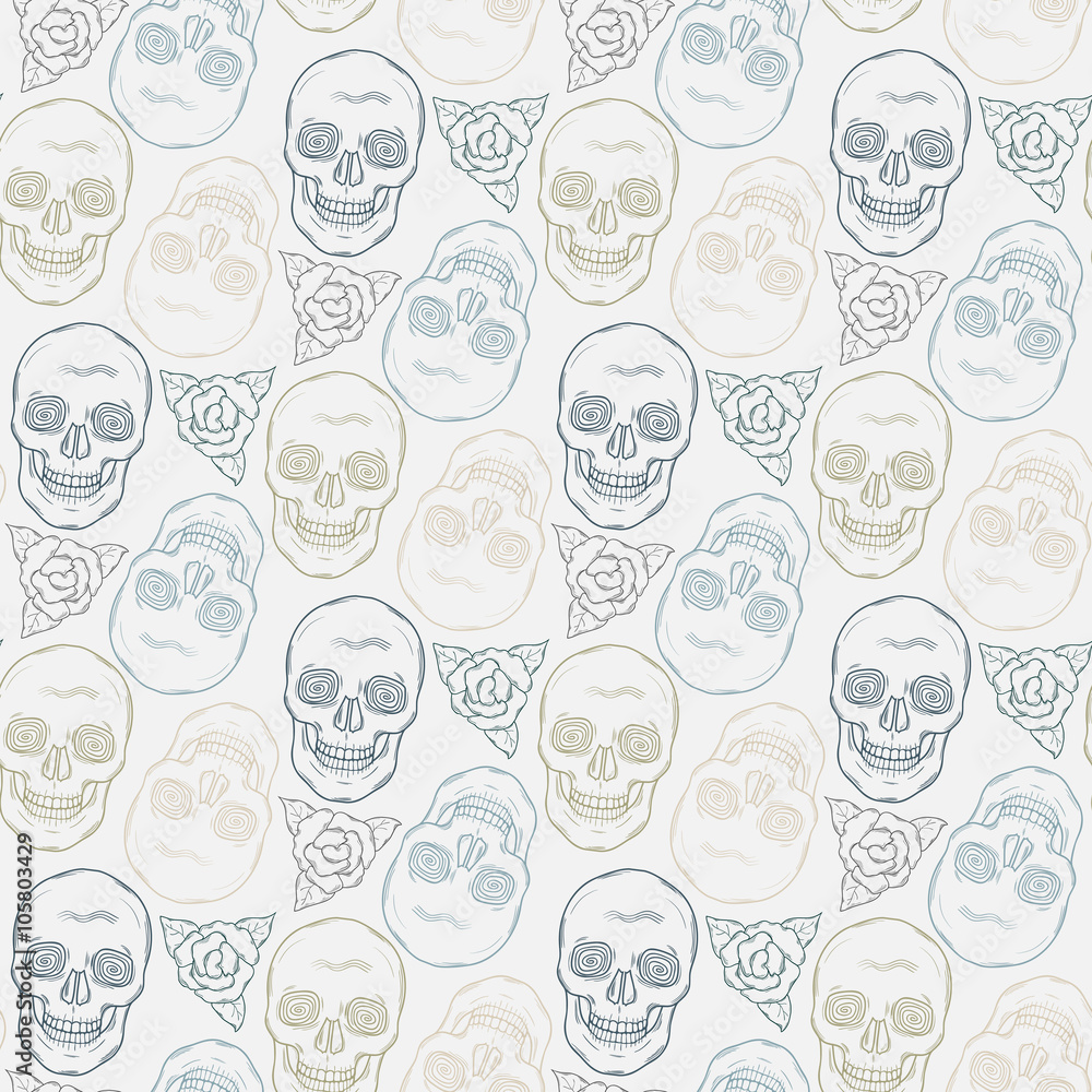 Seamless pattern with brown skulls and bones on a beige background