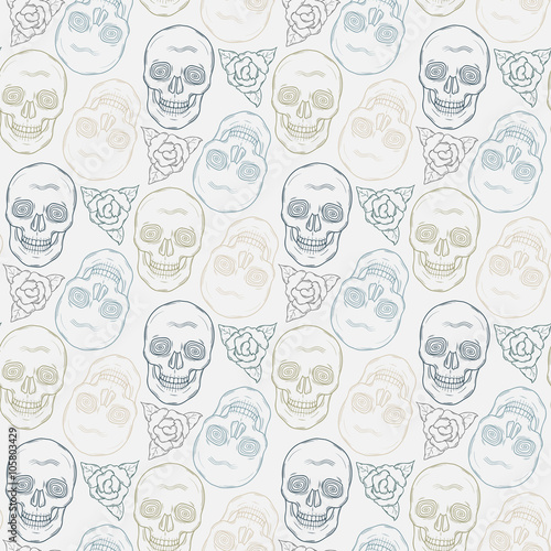 Seamless pattern with brown skulls and bones on a beige background