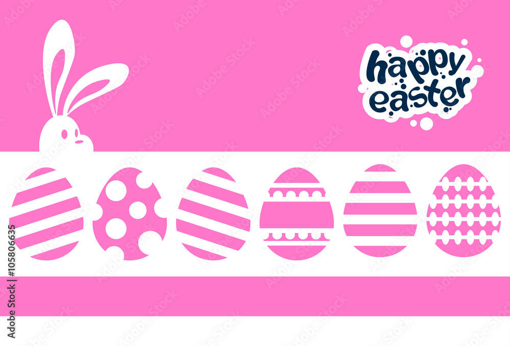 Rabbit Bunny Painted Eggs Happy Easter Holiday Banner Greeting Card Pink Background Rabbit Bunny Painted Eggs Happy Easter Holiday Banner Greeting Card Pink Background
