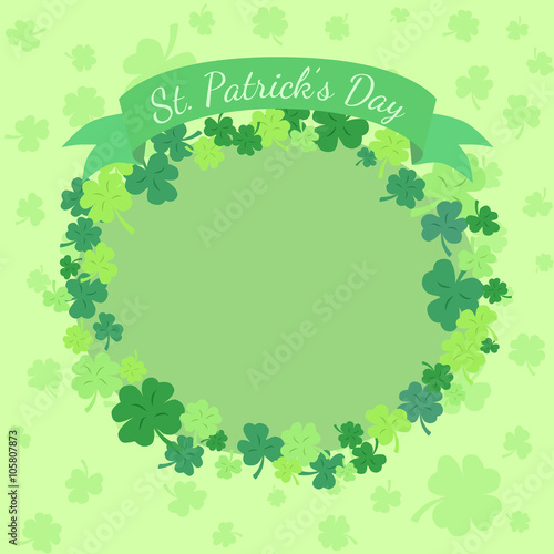 Illustration of St. Patrick s Day greeting card with clover leaves in green and clover shadow background.