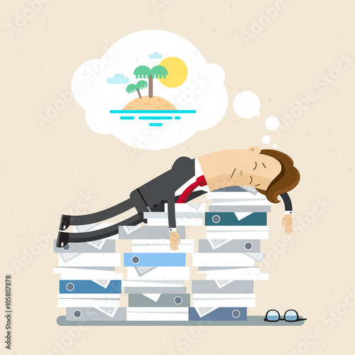 Manager, clerk, office worker. Clipart of a manager tired and sleep on a pile of documents. illustration, flat, vector EPS10.