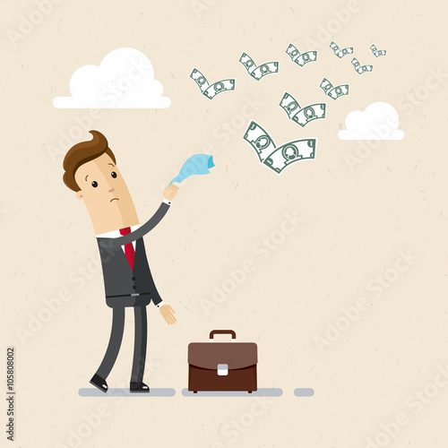Businessman or manager. A sad man in a suit see off a flying away money. Illustration, vector EPS10.
