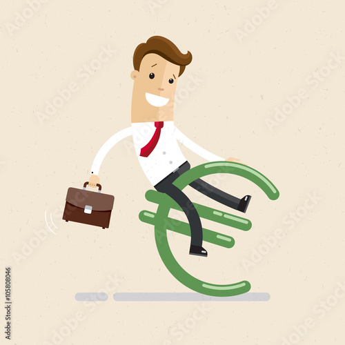  Businessman or manager and euro. A man in a suit and with a briefcase in hand rides the euro. Illustration, vector EPS10.