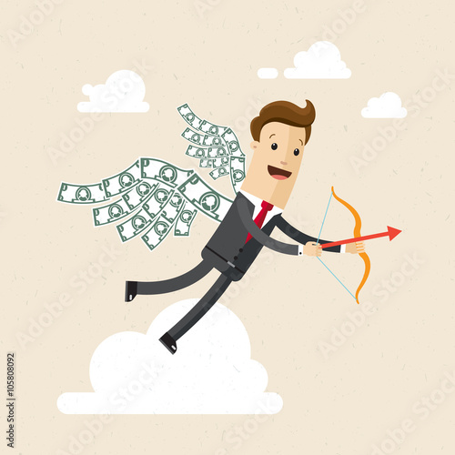 Manager or bisnessman. A man in a suit with wings made of money, with a bow and arrow. Illustration, vector, EPS 10.