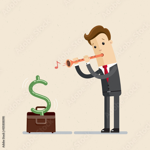 Manager or bisnessman. A man in a suit or businessman plays a flute like a tamer of wild-animal. Illustration, vector, EPS 10.