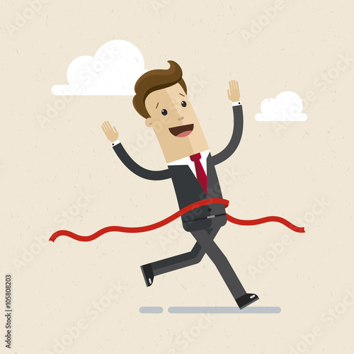 Manager or businessman at finish line. A man in a suit crosses the finish line, red ribbon.  Illustration,  vector EPS 10.