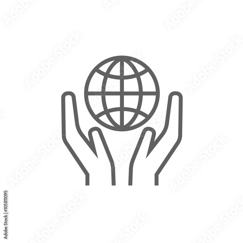 Two hands holding globe line icon.