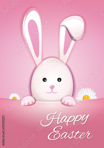 Cute Easter bunny on a pink background. Happy Easter. Symbol of Easter celebrations. Easter Bunny cute cartoon animal flat vector illustration.