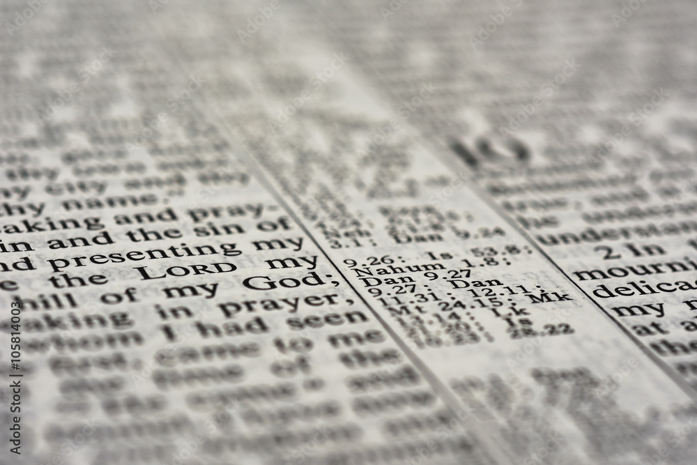 Detail of Bible text showing words God and Lord with most of other text blurred. Detail of Bible text showing words God and Lord with most of other text blurred.