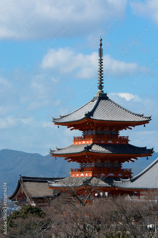 Distant view of Buddhist pagoda at Kiyomizu-dera in Kyoto, Japan