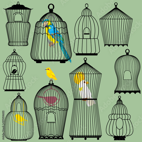 Set of decorative bird cage Silhouettes and birds - parrots and