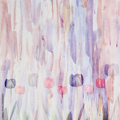 Abstract floral watercolor background with tulips, double exposu