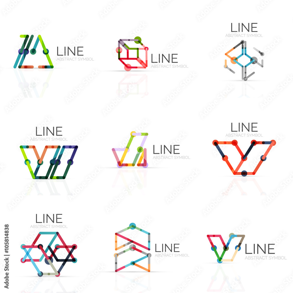 Set of linear abstract logos, connected multicolored segments lines in geometrical figures Set of linear abstract logos, connected multicolored segments lines in geometrical figures