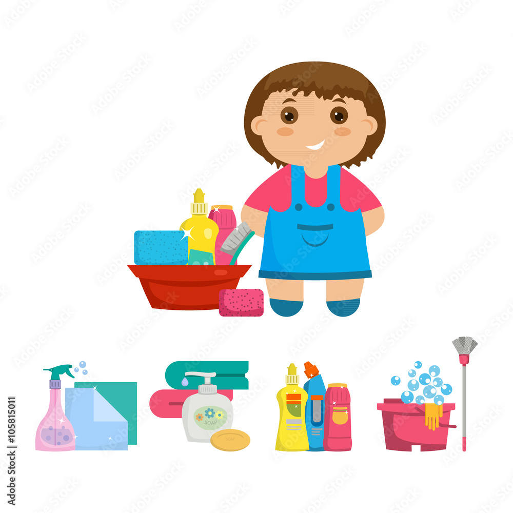 Cartoon girl with a set of objects for cleaning the house.