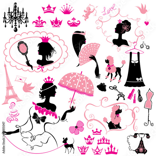 Fairytale Set - silhouettes of princess girls with accessories,