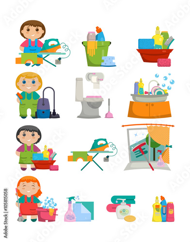 Domestic Tools for cleaning the house on white background