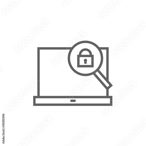 Laptop and magnifying glass line icon.