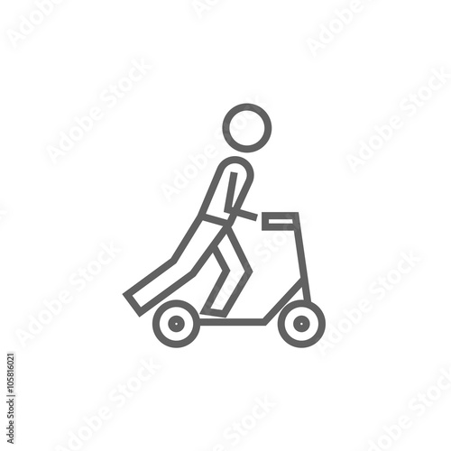 Man riding kick scooter line icon.