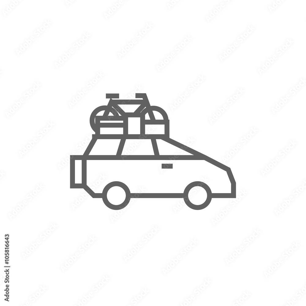 Car with bicycle mounted to the roof line icon.