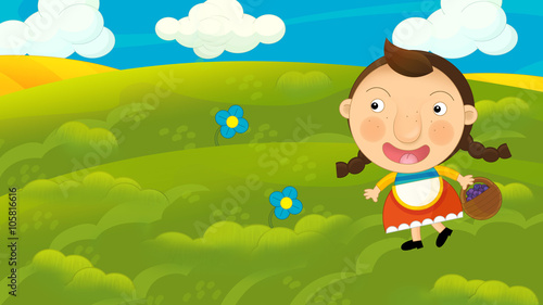Cartoon girl going for a walk on a field - illustration for the children