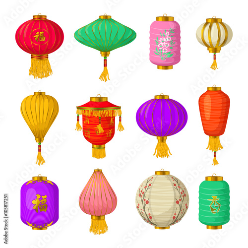 Chinese paper lanterns icons set, cartoon style