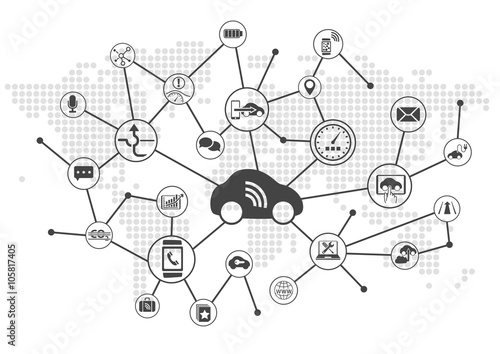 Connected car vector illustration infographic. Concept of connecting to vehicles with various devices.