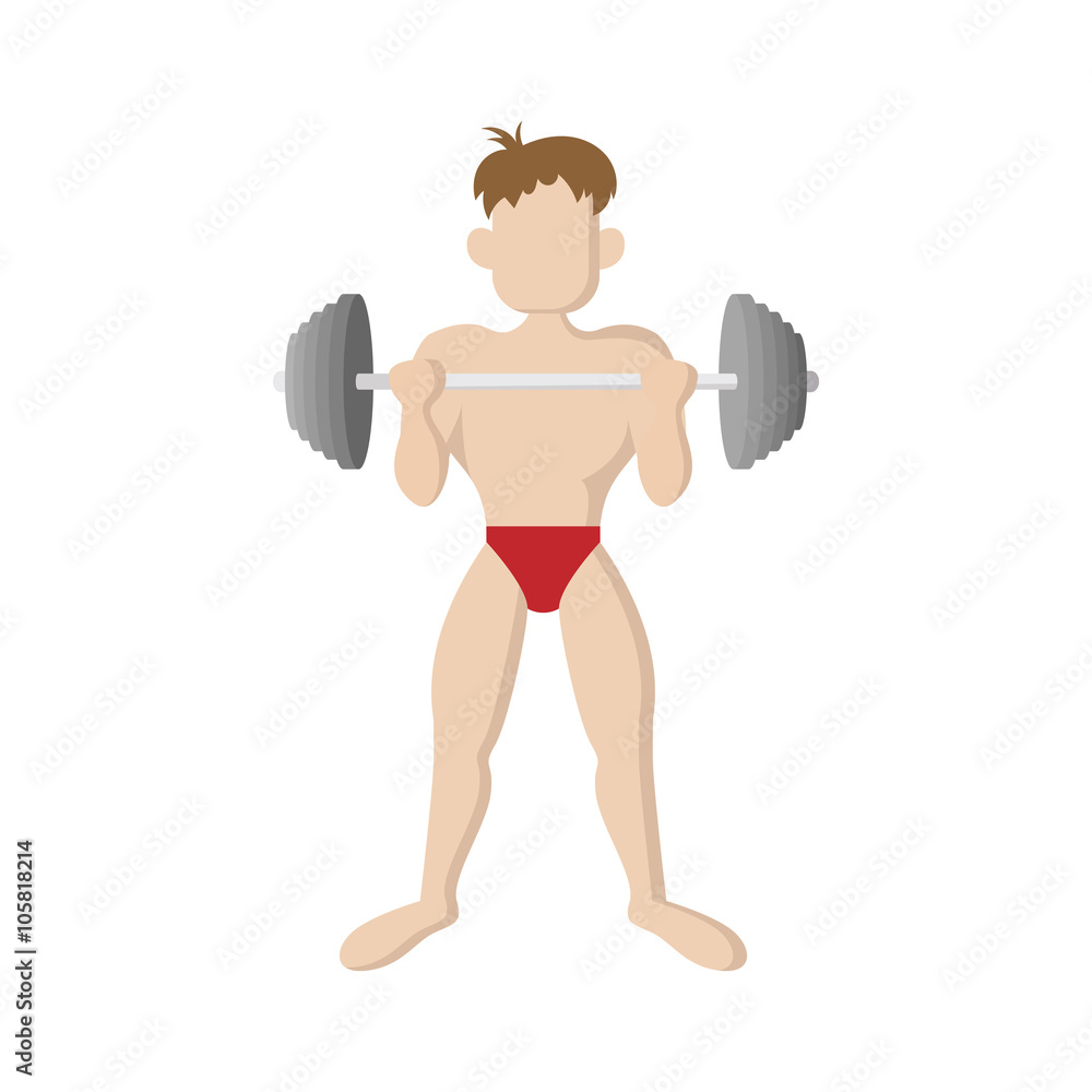 Man raises barbell icon, cartoon style Man raises barbell icon, cartoon style