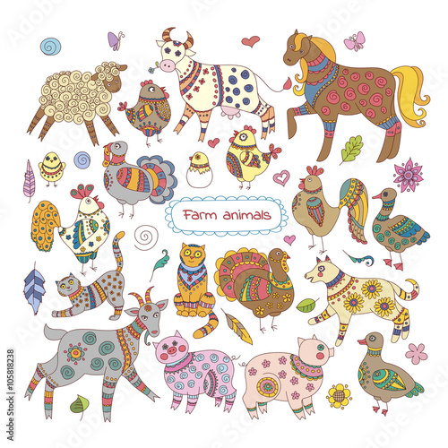 Vector set of doodle farm animals