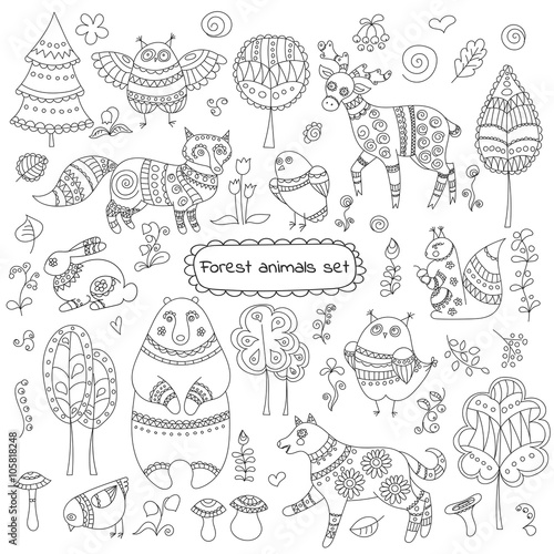 Collection of doodle forest animals and trees for design