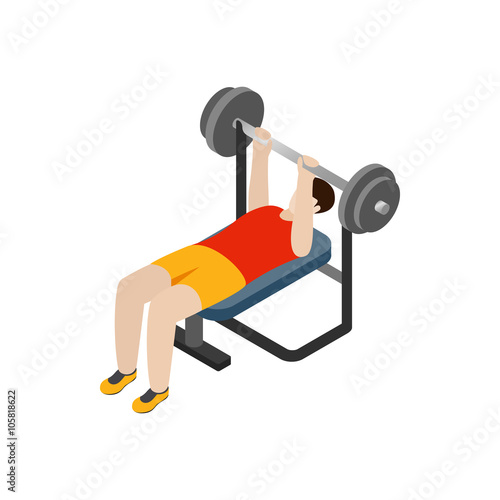 Man exercising on bench press icon, isometric 3d 