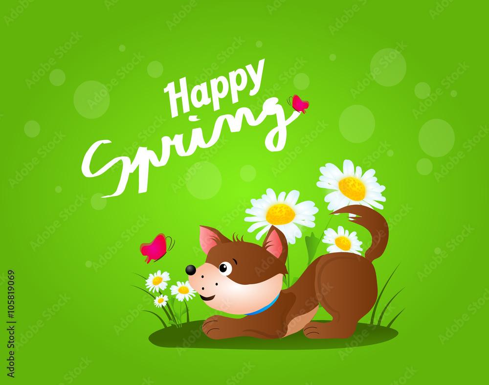 Happy spring with dog illustration Happy spring with dog illustration