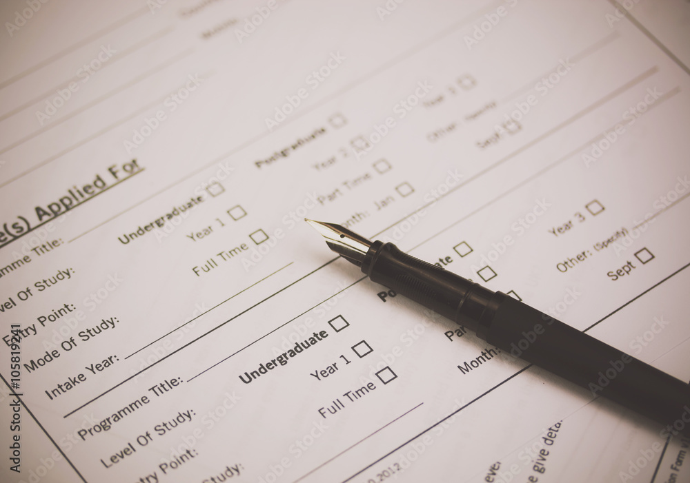 Close up of a university application form Close up of a university application form