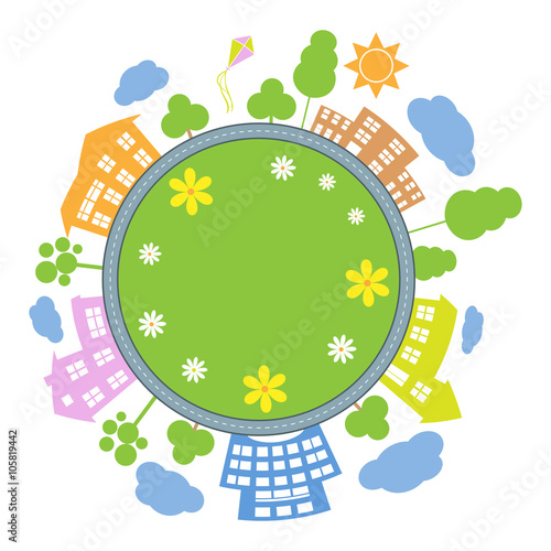 City around circle with building and road. Round town landscape. Vector illustration isolated on white