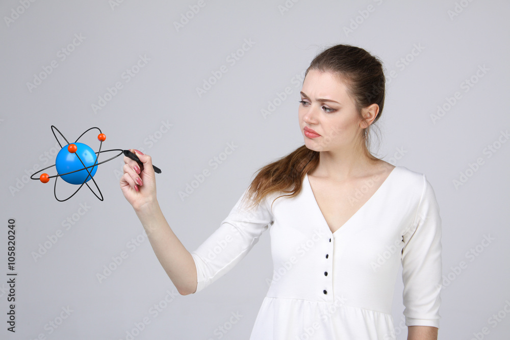 Woman scientist with atom model, research concept
