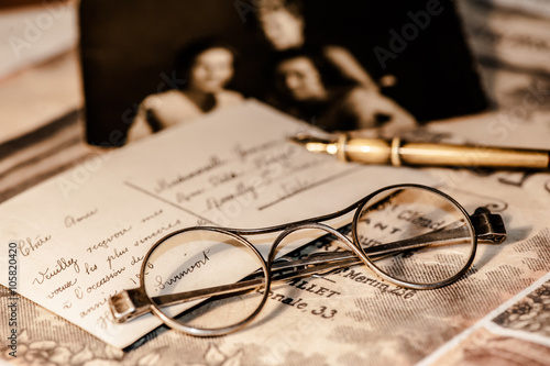 Old letter  eyeglasses and photo.